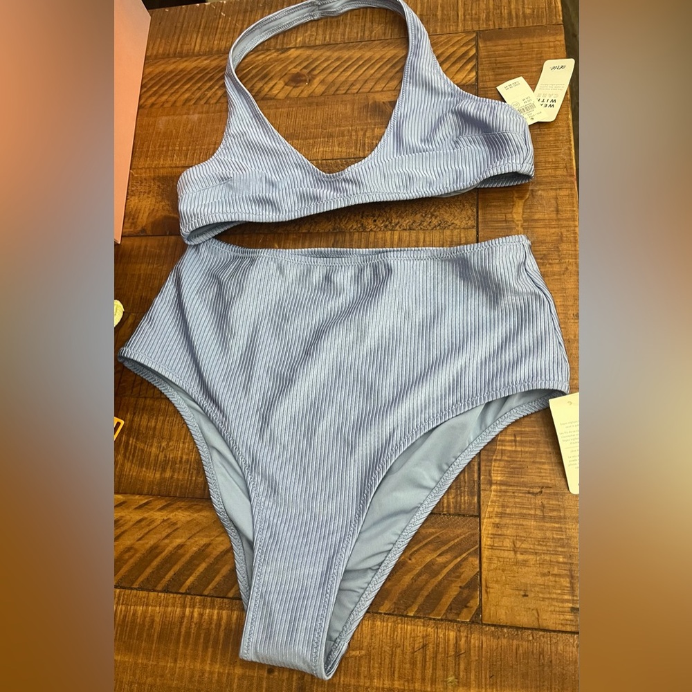NWT Aerie FULL SET Shine Rib Halter Top + High Waisted Cheeky Bottom in Blue - M - Picture 2 of 4